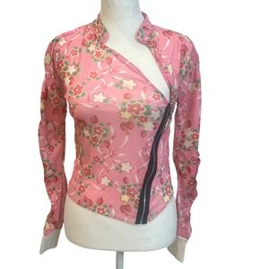 m.ARCHIVE Marchen Pink Strawberry Floral Mesh Zipper Cutout Top M‎